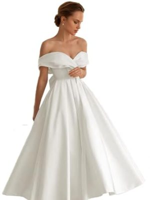 Women's Tea Length Wedding Dress for Bride Simple A Line Midi Courthouse Wedding Dresses