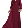 Women's Chiffon A-Line Floor Length V Neck Pleated Long Sleeves Evening Formal Dress 03890