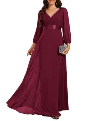 Women's Chiffon A-Line Floor Length V Neck Pleated Long Sleeves Evening Formal Dress 03890