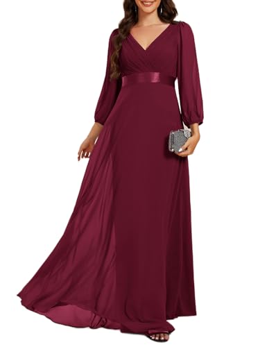 Women's Chiffon A-Line Floor Length V Neck Pleated Long Sleeves Evening Formal Dress 03890