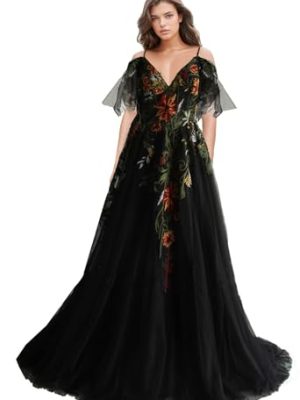 Floral Embroidery Wedding Dress for Bride A Line Long Tulle Boho Could Shoulder Sleeves Outdoor Country Gowns