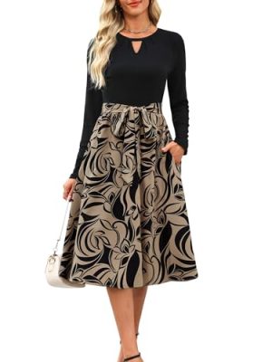 Women 2025 Fall Long Sleeve Crewneck Causal Business Church Work Teacher Outfits Ribbed Midi Dress with Pockets