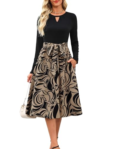 Women 2025 Fall Long Sleeve Crewneck Causal Business Church Work Teacher Outfits Ribbed Midi Dress with Pockets