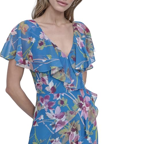 Women's Short Flutter Sleeve V-Neck High Low Hem Ruffle Dress