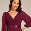 Women's Chiffon A-Line Floor Length V Neck Pleated Long Sleeves Evening Formal Dress 03890