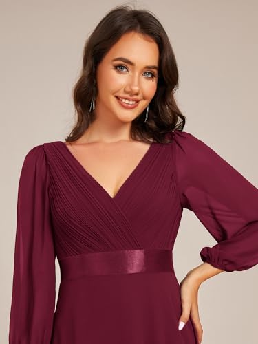 Women's Chiffon A-Line Floor Length V Neck Pleated Long Sleeves Evening Formal Dress 03890