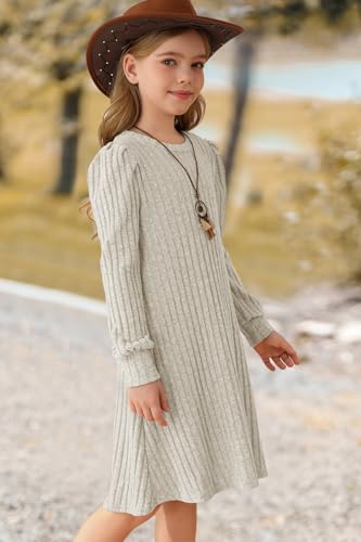 Girls Fall Knit Dress Crew Neck Puff Long Sleeve Casual Tunic Dresses with Pockets 6-12 Y