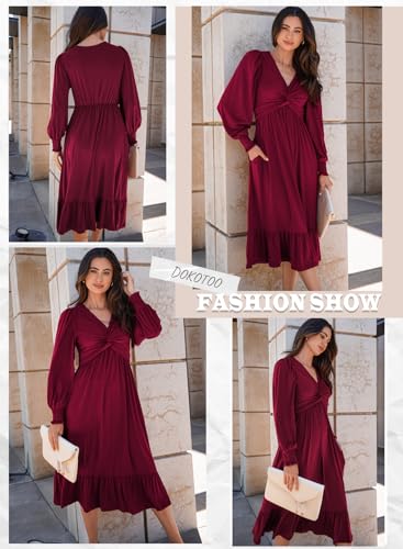 Womens 2024 Wrap V-Neck Twist Knot Long Sleeve Empire Waist Midi Maxi Dress A-Line Ruched Flowy Dress with Pockets
