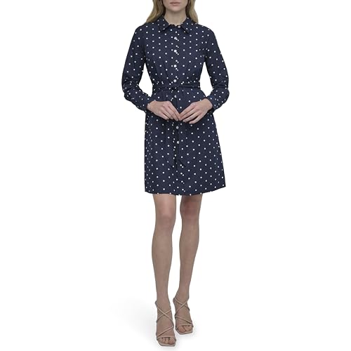 Womens Long Sleeve Collared Tie Fit & Flare Mini Dress