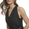 Women's Sleeveless V-Neck Buckle Belt Faux Wrap Midi Dress