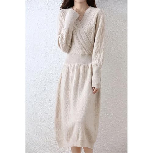 Women's Cashmere V-Neck Long Sleeve Thick Knitted Dress Merino Wool A-Line Dress for Winter