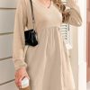 Womens Fall Dresses 2025 Casual V-Neck Long Sleeve Empire Waist Waffle Knit Mini Dress with Pockets
