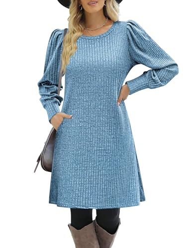 Women's Knit Dress with Puff Sleeves for Fall & Winter - Round Neck Casual Tunic Dress