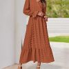 Women Fall Maxi Dresses 2025 Long Sleeve V Neck Swiss Dots High Waisted A-Line Ruffle Boho Long Dress Vacation