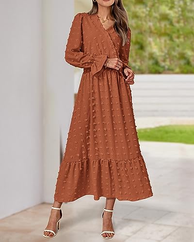 Women Fall Maxi Dresses 2025 Long Sleeve V Neck Swiss Dots High Waisted A-Line Ruffle Boho Long Dress Vacation