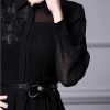 Women Embroidered Lapel Shirt Dress Lace-Up Long Sleeve Midi Dress