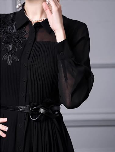 Women Embroidered Lapel Shirt Dress Lace-Up Long Sleeve Midi Dress