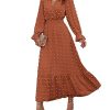 Women Fall Maxi Dresses 2025 Long Sleeve V Neck Swiss Dots High Waisted A-Line Ruffle Boho Long Dress Vacation