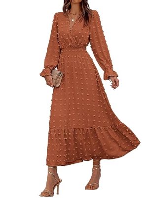 Women Fall Maxi Dresses 2025 Long Sleeve V Neck Swiss Dots High Waisted A-Line Ruffle Boho Long Dress Vacation