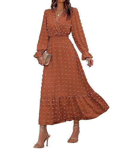 Women Fall Maxi Dresses 2025 Long Sleeve V Neck Swiss Dots High Waisted A-Line Ruffle Boho Long Dress Vacation