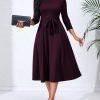 Women's Caual Midi Dress 3/4 Sleeve Crewneck A-line Swing Dress for Women with Belt for Wedding Guest & Cocktail Party