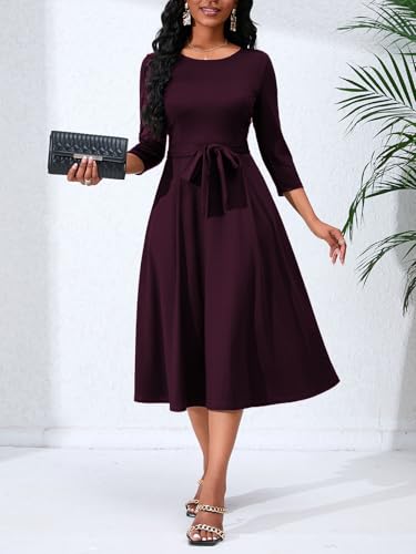 Women's Caual Midi Dress 3/4 Sleeve Crewneck A-line Swing Dress for Women with Belt for Wedding Guest & Cocktail Party