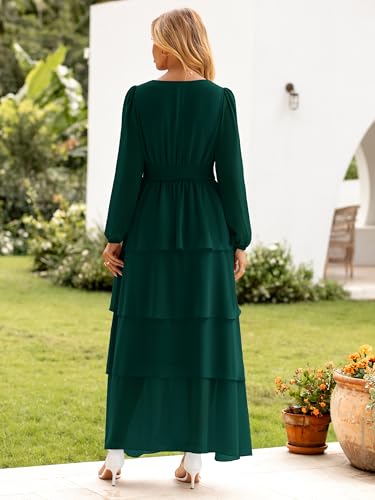 Womens Flowy Maxi Dress Chiffon Long Sleeve Slit V Neck Casual Ruffle Tiered Boho Fall Wedding Guest Long Dress