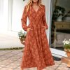 Womens Boho Floral Long Sleeve Maxi Dress V Neck Empire Waist Fall Wedding Guest Dresses with Pockets