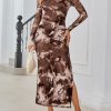 Women's Floral Print Bodycon Ruched Dress Fall Long Sleeve Maxi Wedding Guest Dresses with Side Slit
