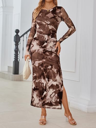 Women's Floral Print Bodycon Ruched Dress Fall Long Sleeve Maxi Wedding Guest Dresses with Side Slit