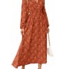 Womens Boho Floral Long Sleeve Maxi Dress V Neck Empire Waist Fall Wedding Guest Dresses with Pockets