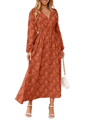 Womens Boho Floral Long Sleeve Maxi Dress V Neck Empire Waist Fall Wedding Guest Dresses with Pockets