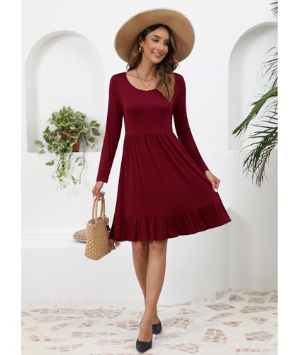 Women Casual Long Sleeve Knee Length Dresses Round Neck Pleated Fall Dress with Pockets 2024