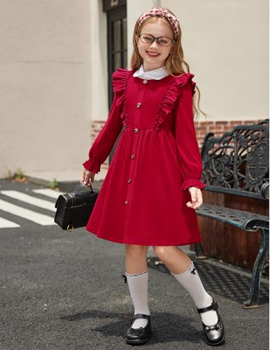 Toddler Fall Winter Sweater Dress Ruffle Long Sleeve Ribbed Knit Button Down Casual Dresses with Pockets