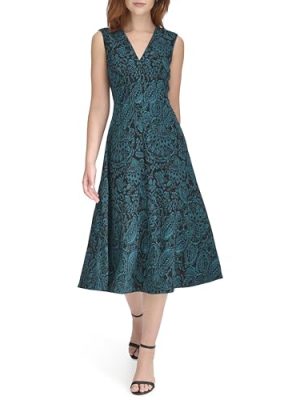 Women's Sleeveless V Neck Fit and Flare Midi Dress