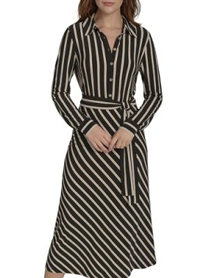 Women's Long Sleeve Collared Self Tie Midi Shirtdress