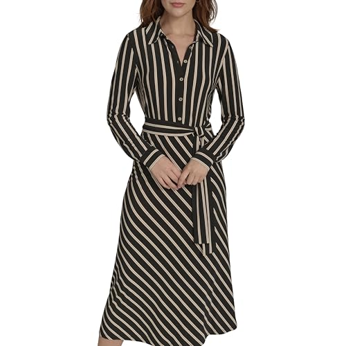 Women's Long Sleeve Collared Self Tie Midi Shirtdress