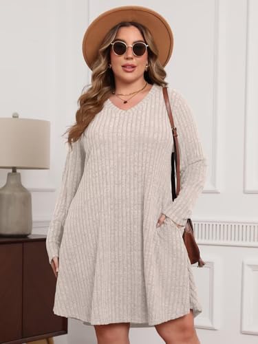 Plus Size Sweater Dress for Women Tshirt Fall Dresses Winter V Neck Long Sleeve Pockets Casual Party Loose Fit