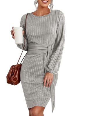 Women's Casual Knit Dress Long Lantern Sleeve Fall Bodycon Dress Crewneck Tie Waist Rib Knitted Sweater Dresses