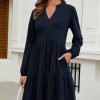 Women Fall Tunic Dress 2025 V Neck Casual Tiered Long Sleeve with Pockets A-Line Swing Mini Babydoll Dress