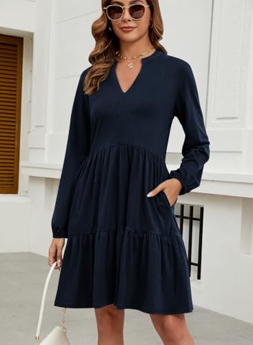 Women Fall Tunic Dress 2025 V Neck Casual Tiered Long Sleeve with Pockets A-Line Swing Mini Babydoll Dress