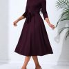 Women's Caual Midi Dress 3/4 Sleeve Crewneck A-line Swing Dress for Women with Belt for Wedding Guest & Cocktail Party