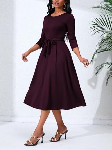 Women's Caual Midi Dress 3/4 Sleeve Crewneck A-line Swing Dress for Women with Belt for Wedding Guest & Cocktail Party