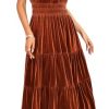 Women's Fall Winter Vintage Velvet Dress Short Sleeve V Neck Elastic Waist Tiered Ruffle A-Line Flowy Maxi Dress