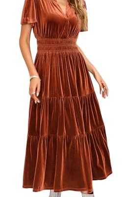 Women's Fall Winter Vintage Velvet Dress Short Sleeve V Neck Elastic Waist Tiered Ruffle A-Line Flowy Maxi Dress