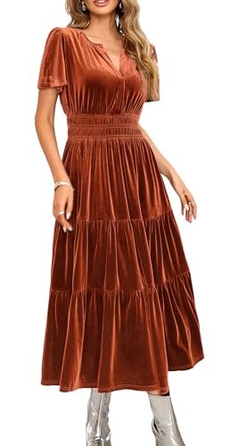 Women's Fall Winter Vintage Velvet Dress Short Sleeve V Neck Elastic Waist Tiered Ruffle A-Line Flowy Maxi Dress