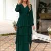 Womens Flowy Maxi Dress Chiffon Long Sleeve Slit V Neck Casual Ruffle Tiered Boho Fall Wedding Guest Long Dress
