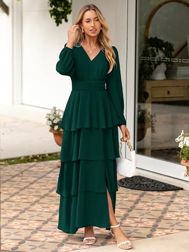 Womens Flowy Maxi Dress Chiffon Long Sleeve Slit V Neck Casual Ruffle Tiered Boho Fall Wedding Guest Long Dress