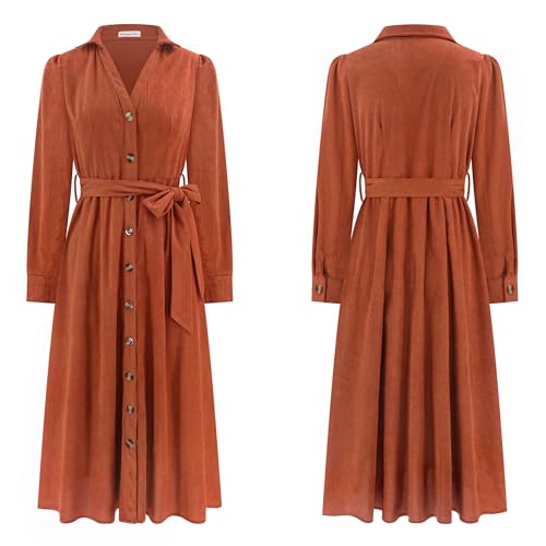Womens Fall Winter Corduroy Midi Dress Long Sleeve V Neck Button Down Belted Flowy Shirt Dress with Pockets