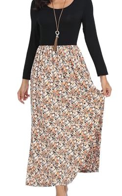 Women's Long Sleeves Maxi Dress Plain Empire Waist Casual Dress Loose Fall/Winter Dresses with Pockets